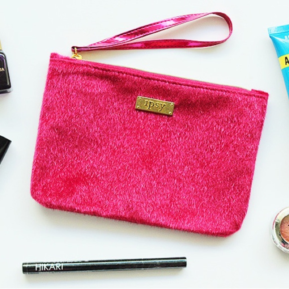 Ipsy Pink Fuzzy Faux Fur Wristlet Glam Bag